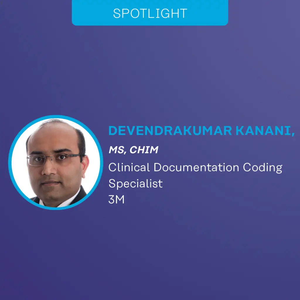 Graphic for a CHIMA spotlight with a photo of the featured person along with text that includes their credientials, job position and organization.