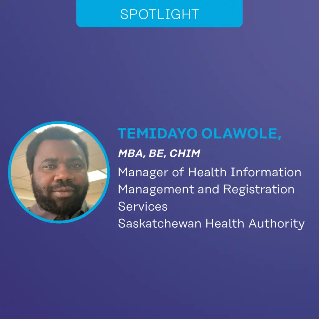 Graphic for a CHIMA spotlight with a photo of the featured person along with text that includes their credientials, job position and organization.