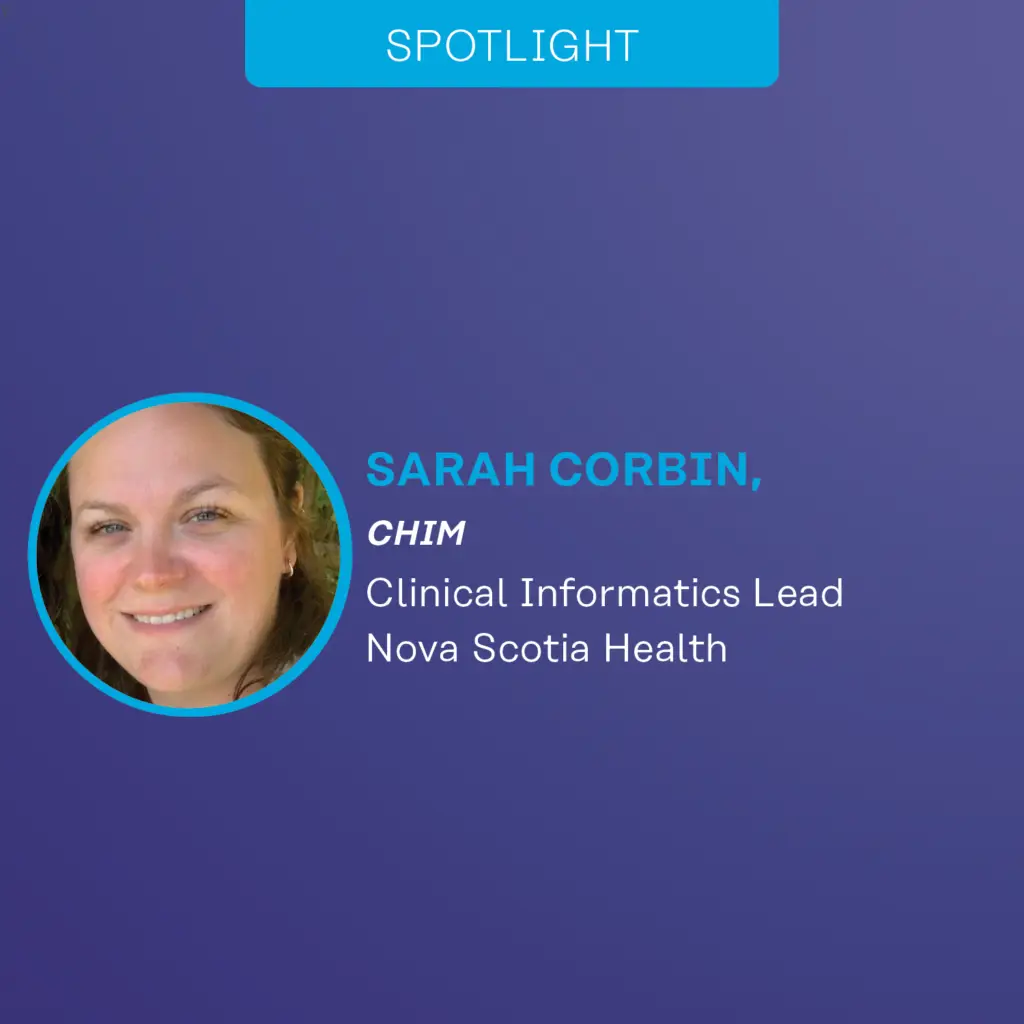 Graphic for a CHIMA spotlight with a photo of the featured person along with text that includes their credientials, job position and organization.