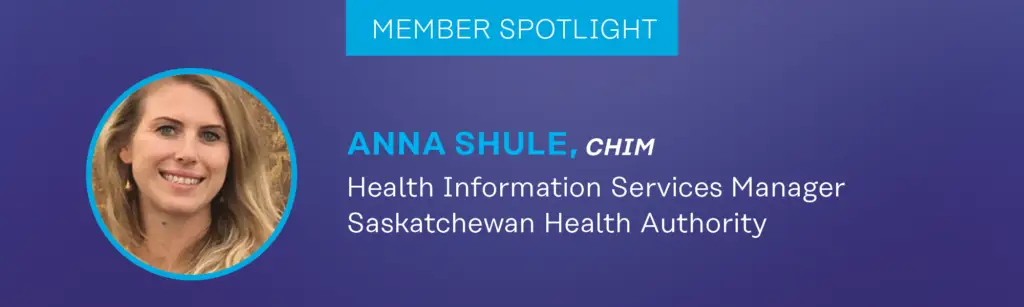 Graphic for a CHIMA spotlight with a photo of the featured person along with text that includes their credientials, job position and organization.