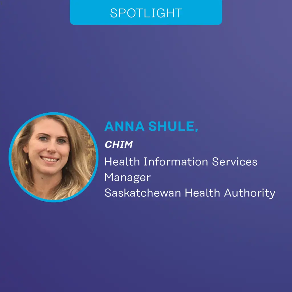 Graphic for a CHIMA spotlight with a photo of the featured person along with text that includes their credientials, job position and organization.