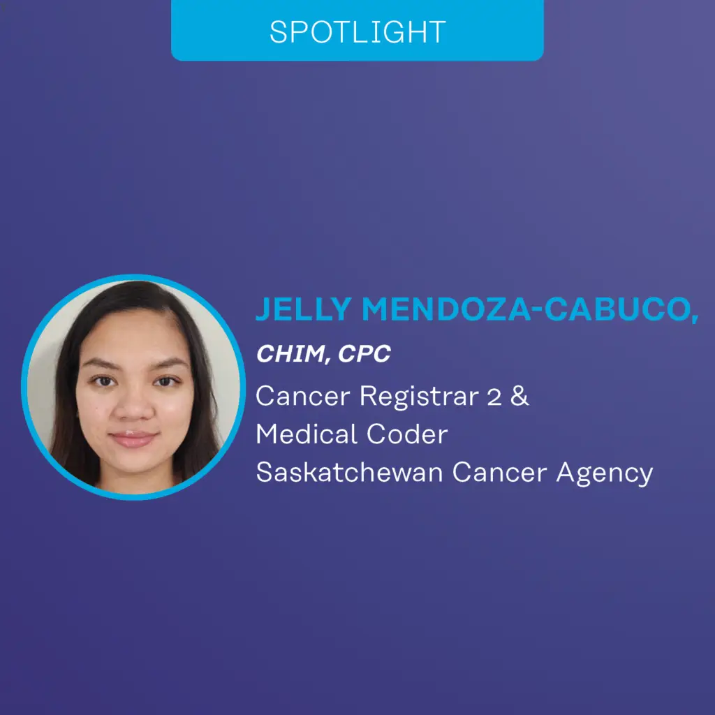 Graphic for a CHIMA spotlight with a photo of the featured person along with text that includes their credientials, job position and organization.