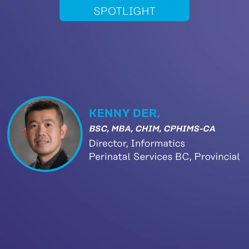 Graphic for a CHIMA spotlight with a photo of the featured person along with text that includes their credientials, job position and organization.