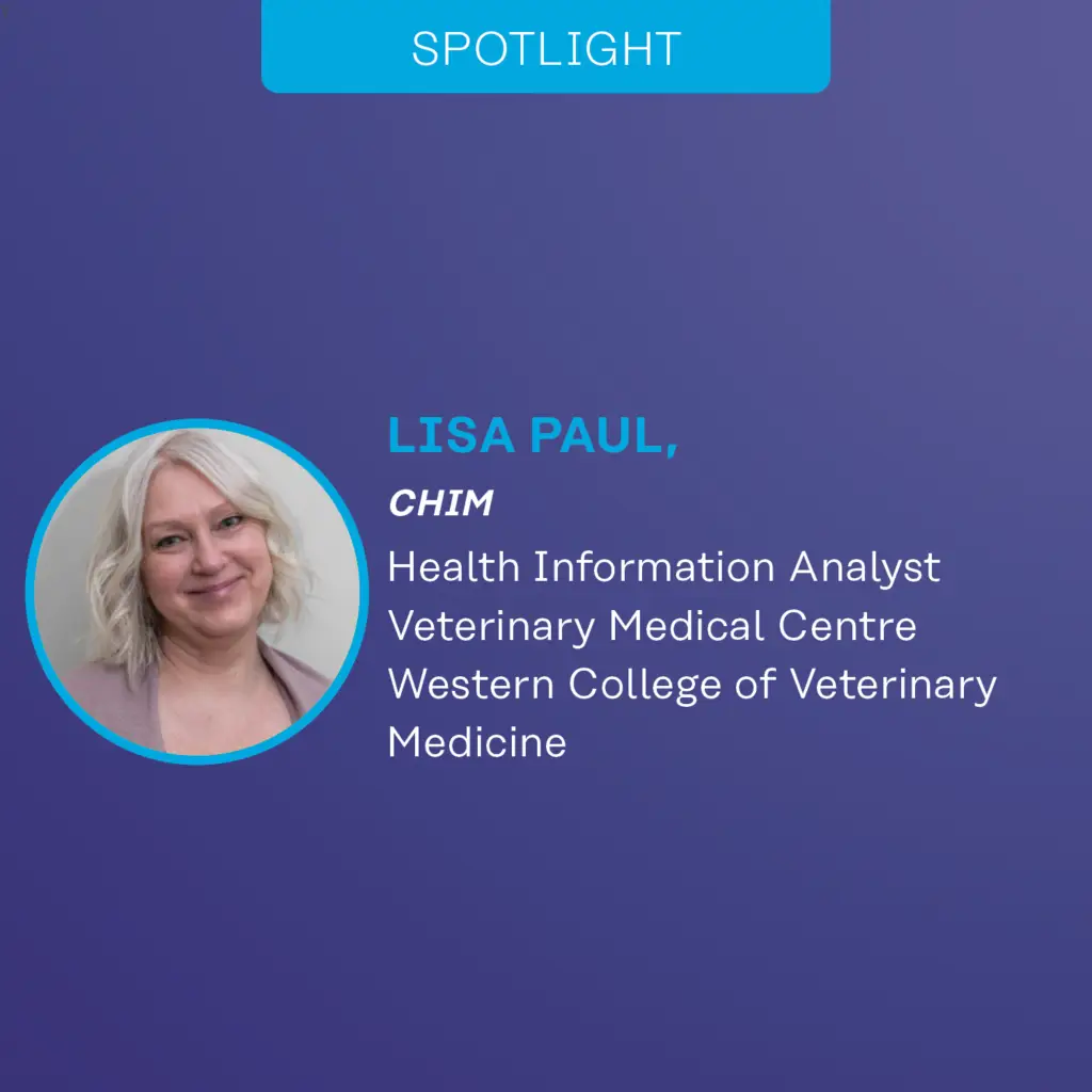 Graphic for a CHIMA spotlight with a photo of the featured person along with text that includes their credientials, job position and organization.