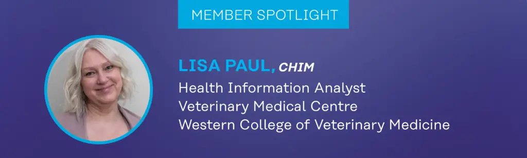 Graphic for a CHIMA spotlight with a photo of the featured person along with text that includes their credientials, job position and organization.