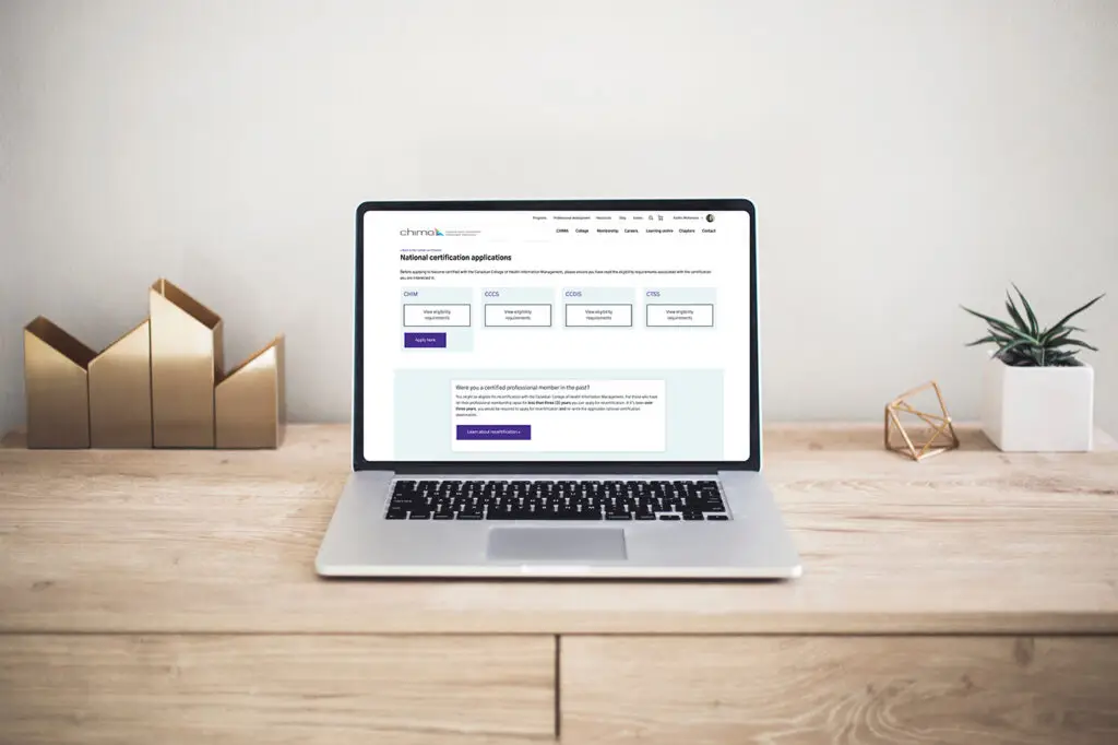 A computer screen viewing the national certification application page at echima.ca
