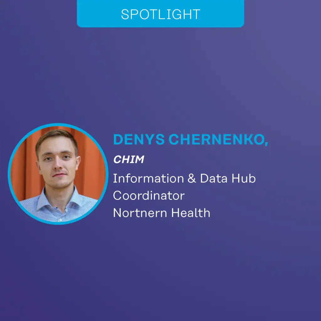 Graphic for a CHIMA spotlight with a photo of the featured person along with text that includes their credientials, job position and organization.