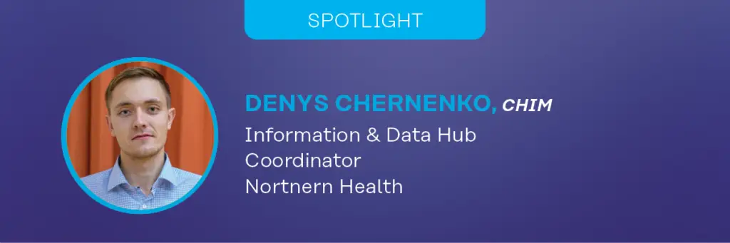 Graphic for a CHIMA spotlight with a photo of the featured person along with text that includes their credientials, job position and organization.