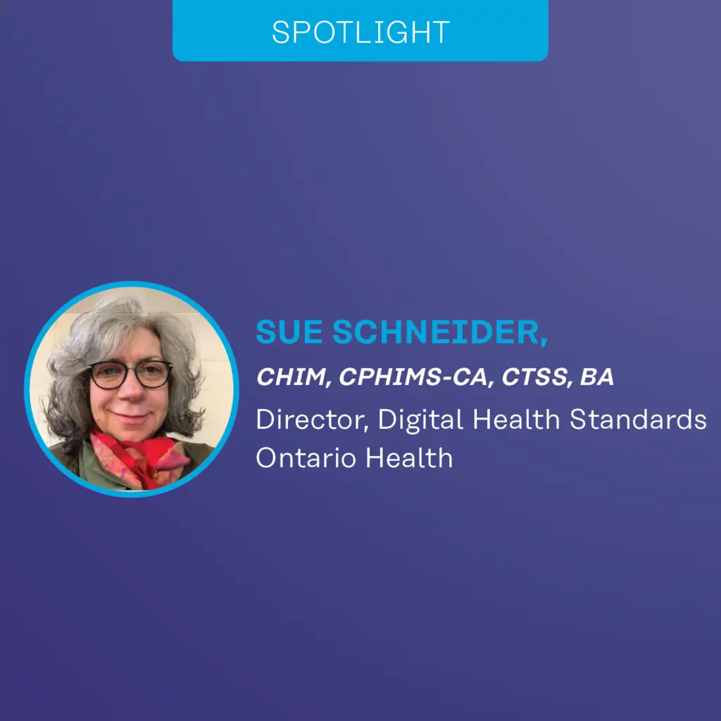 Graphic for a CHIMA spotlight with a photo of the featured person along with text that includes their credientials, job position and organization.