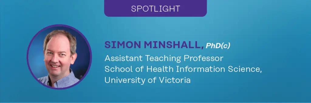 Graphic for a CHIMA spotlight with a photo of the featured person along with text that includes their credientials, job position and organization.