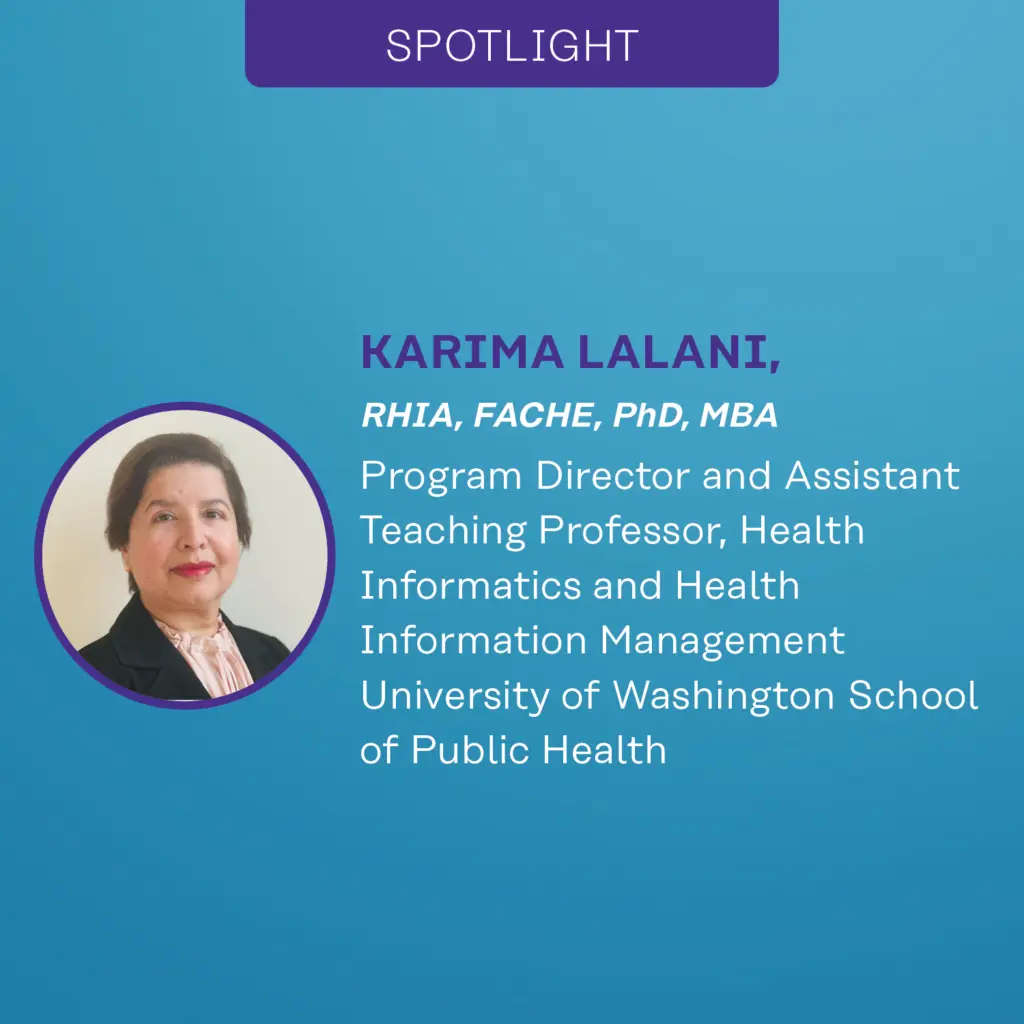 Graphic for a CHIMA spotlight with a photo of the featured person along with text that includes their credientials, job position and organization.