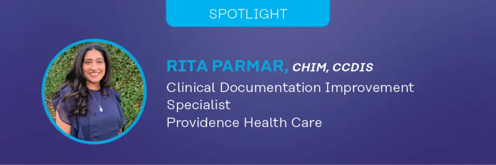 Graphic for a CHIMA spotlight with a photo of the featured person along with text that includes their credientials, job position and organization.