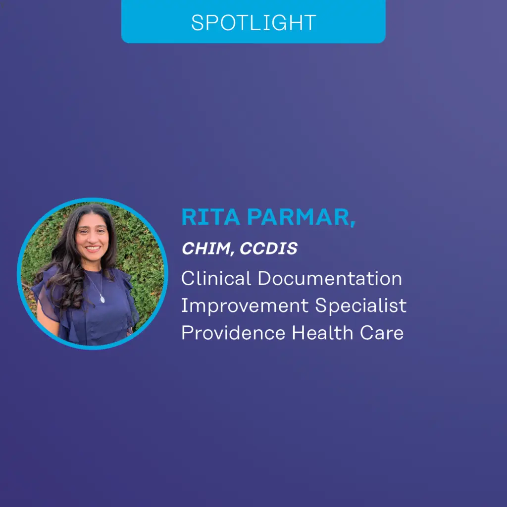 Graphic for a CHIMA spotlight with a photo of the featured person along with text that includes their credientials, job position and organization.