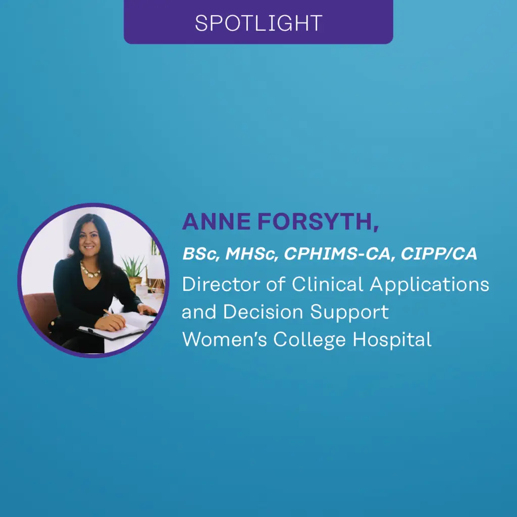 Graphic for a CHIMA spotlight with a photo of the featured person along with text that includes their credientials, job position and organization.