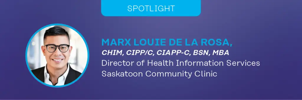 Graphic for a CHIMA spotlight with a photo of the featured person along with text that includes their credientials, job position and organization.