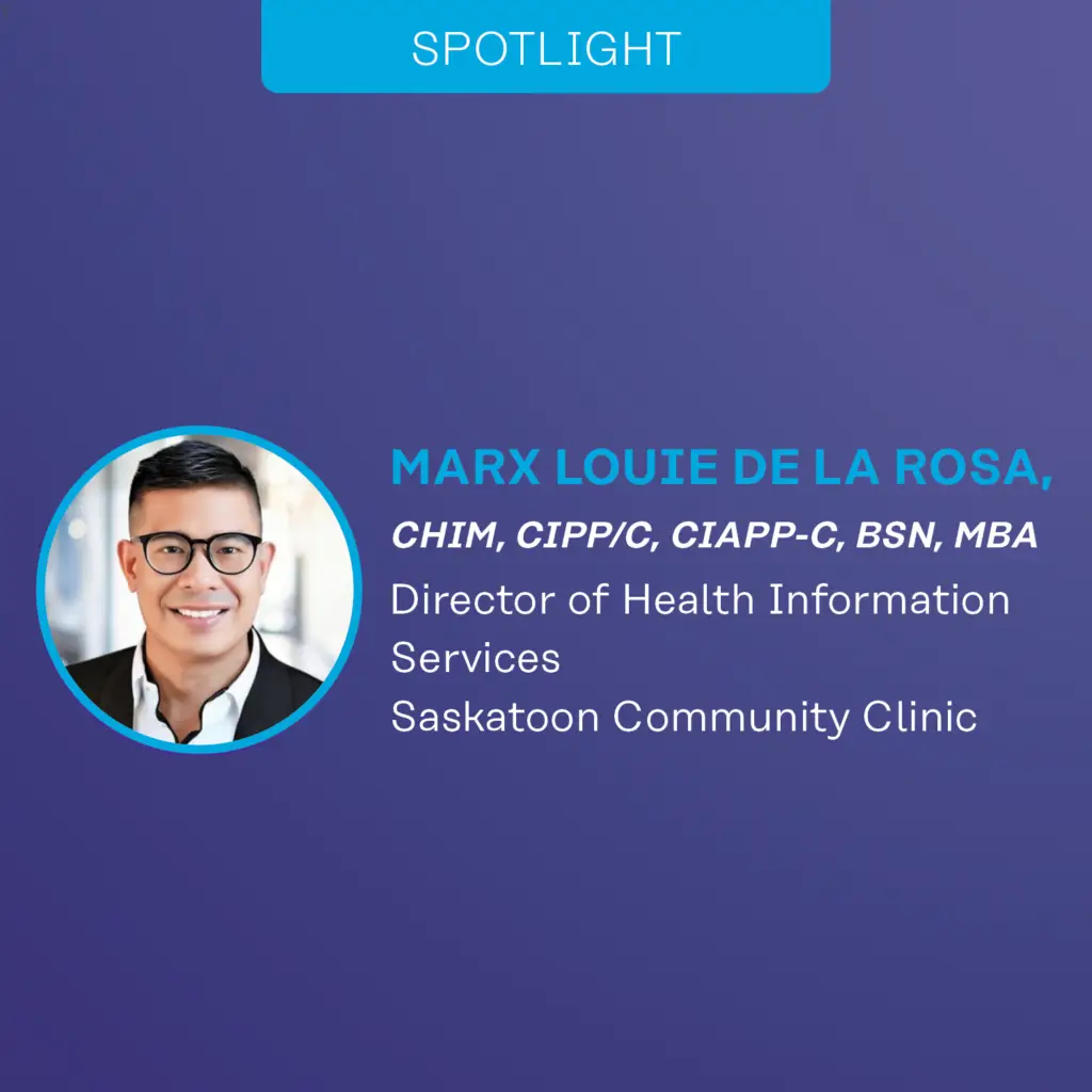 Graphic for a CHIMA spotlight with a photo of the featured person along with text that includes their credientials, job position and organization.